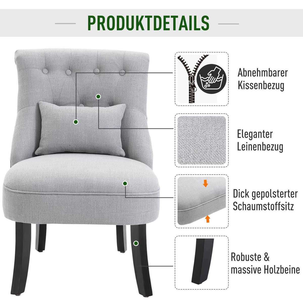 Relaxation Chair With Back Cushion, Tv Chair, Raised Feet, Linen, Gray, 52.5X69X77Cm