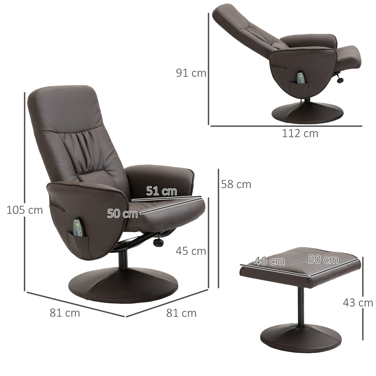 Relaxation Chair With Footstool Storage Space Massage Chair Tv Chair Recliner Ergonomic Chair With 10 Vibration Points Faux Leather Brown 76X81X105 Cm