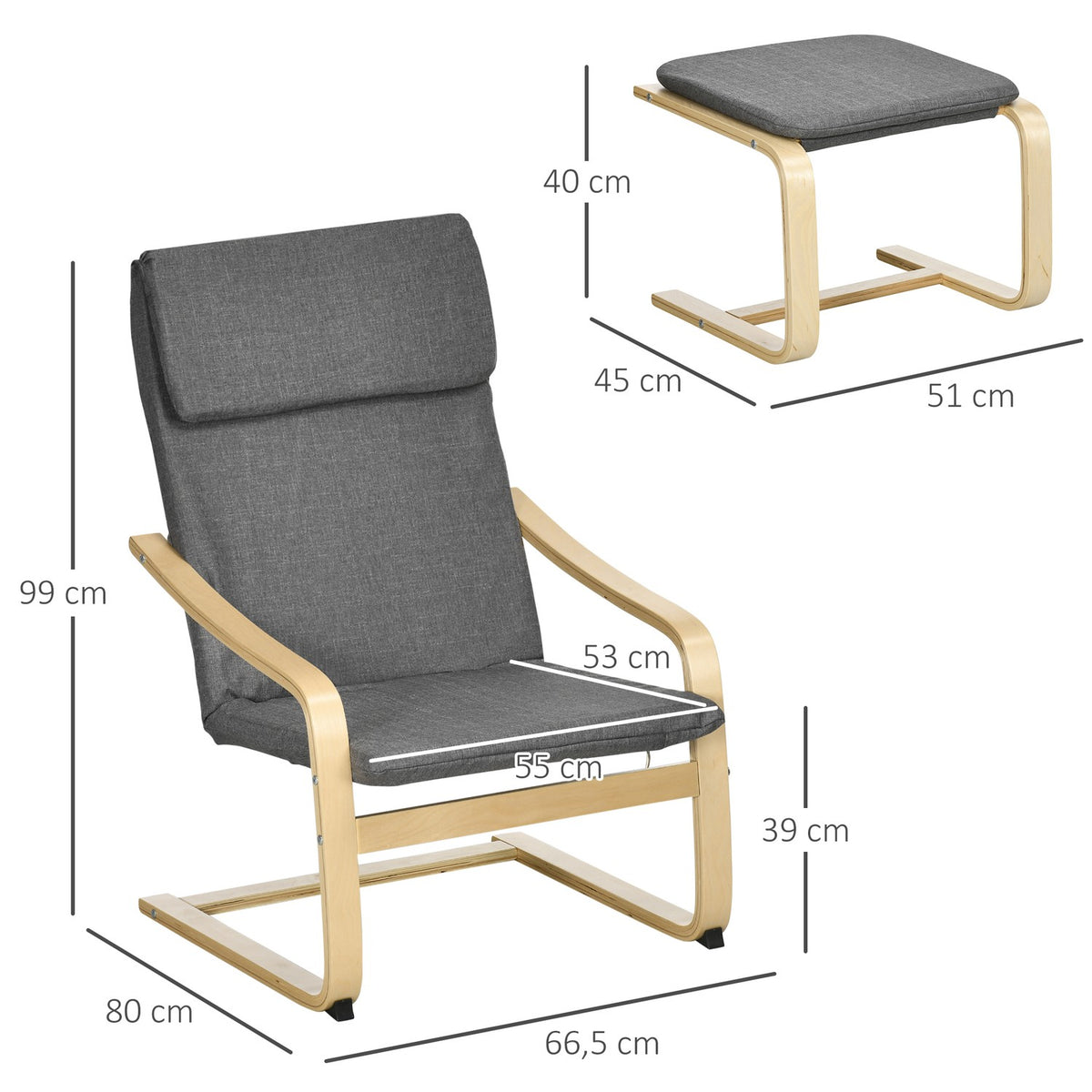 Relaxation Chair With Footstool Wing Chair With Stool, Armrest, Linen Cover, Grey