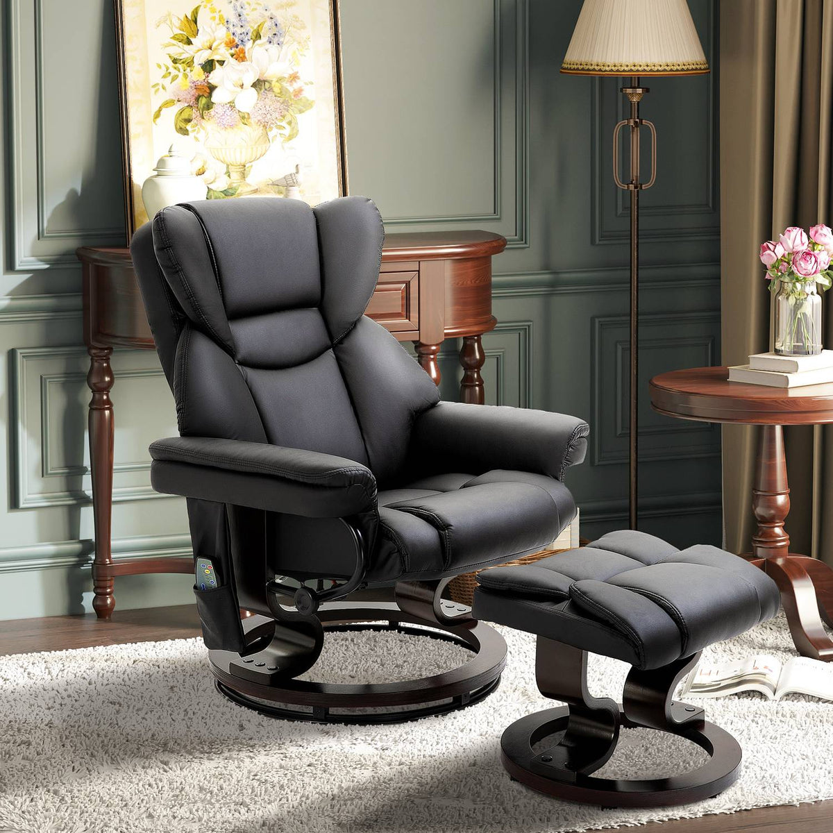 Relaxation Chair With Massage Function And Footstool Massage Chair With Reclining Function, Faux Leather, Black