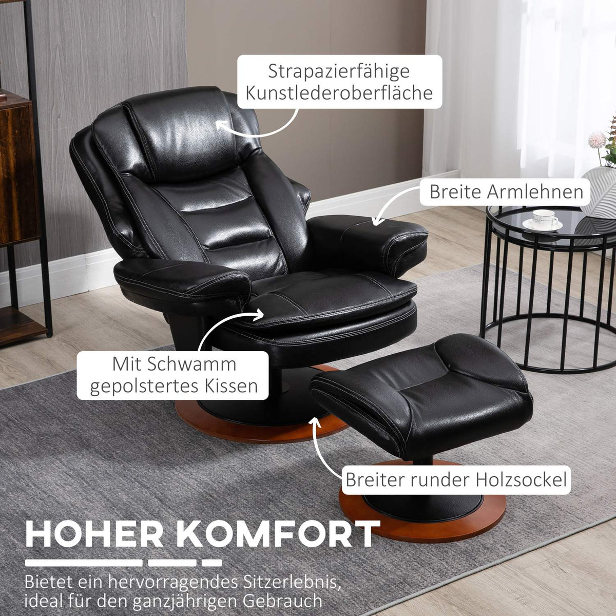 Relaxation Chair With Ottoman And Reclining Function Tv Chair, Swivel Tv Chair, Up To 150 Kg, Faux Leather, Black