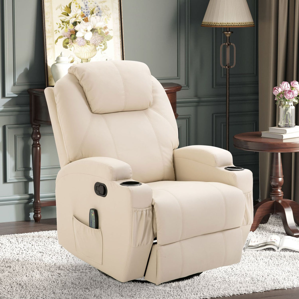 Relaxation Chair With Reclining Function, Electric Massage Chair, 5 Massage Modes, Artificial Leather, Cream White, 84X92X109Cm