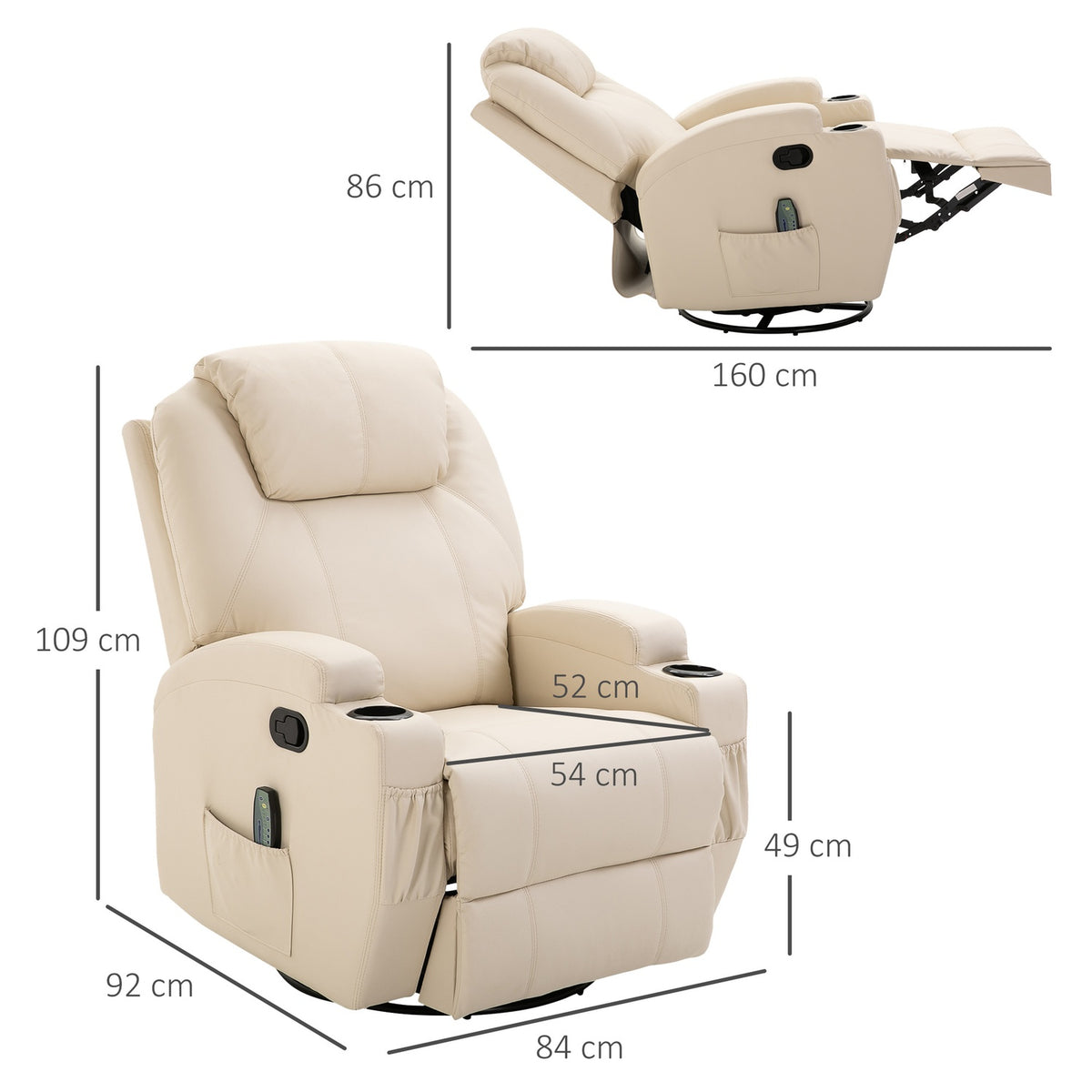 Relaxation Chair With Reclining Function, Electric Massage Chair, 5 Massage Modes, Artificial Leather, Cream White, 84X92X109Cm