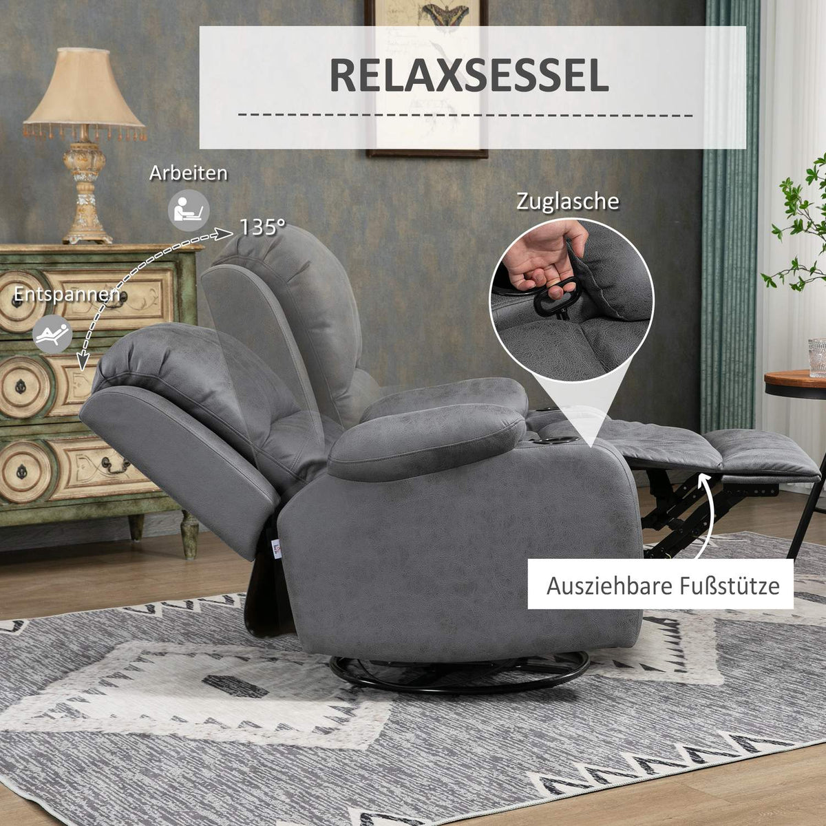 Relaxation Chair With Rocking And Reclining Function, Rotating Tv Chair, Cup Holder, Microfiber Cloth, Grey