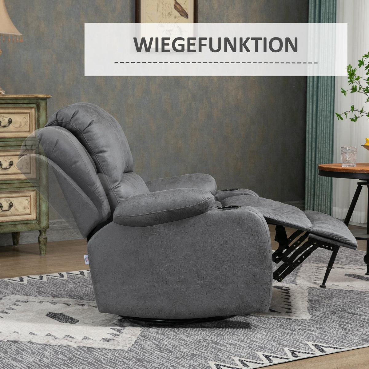 Relaxation Chair With Rocking And Reclining Function, Rotating Tv Chair, Cup Holder, Microfiber Cloth, Grey