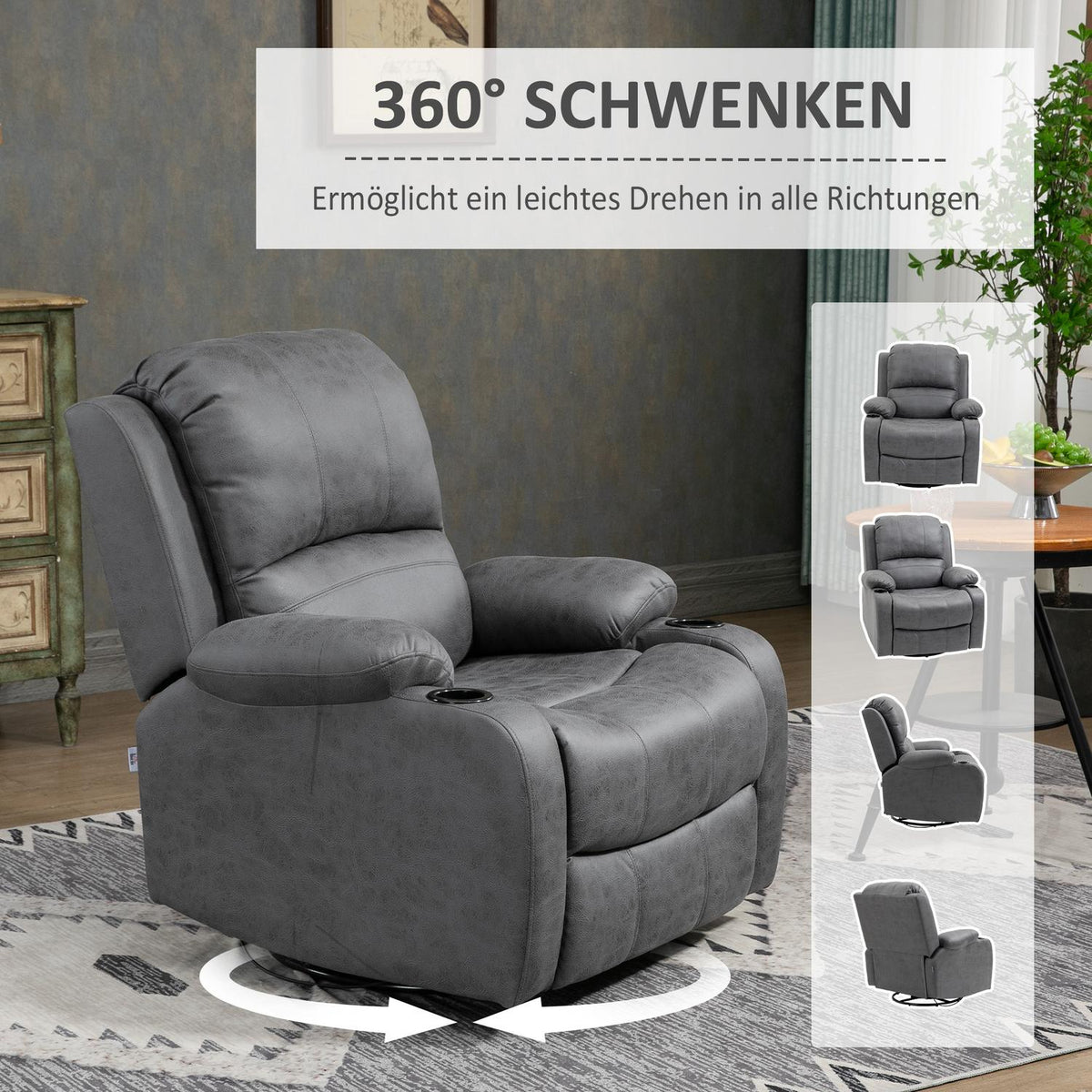 Relaxation Chair With Rocking And Reclining Function, Rotating Tv Chair, Cup Holder, Microfiber Cloth, Grey