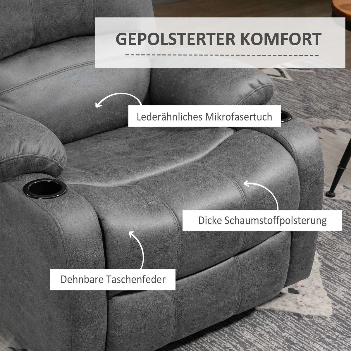 Relaxation Chair With Rocking And Reclining Function, Rotating Tv Chair, Cup Holder, Microfiber Cloth, Grey