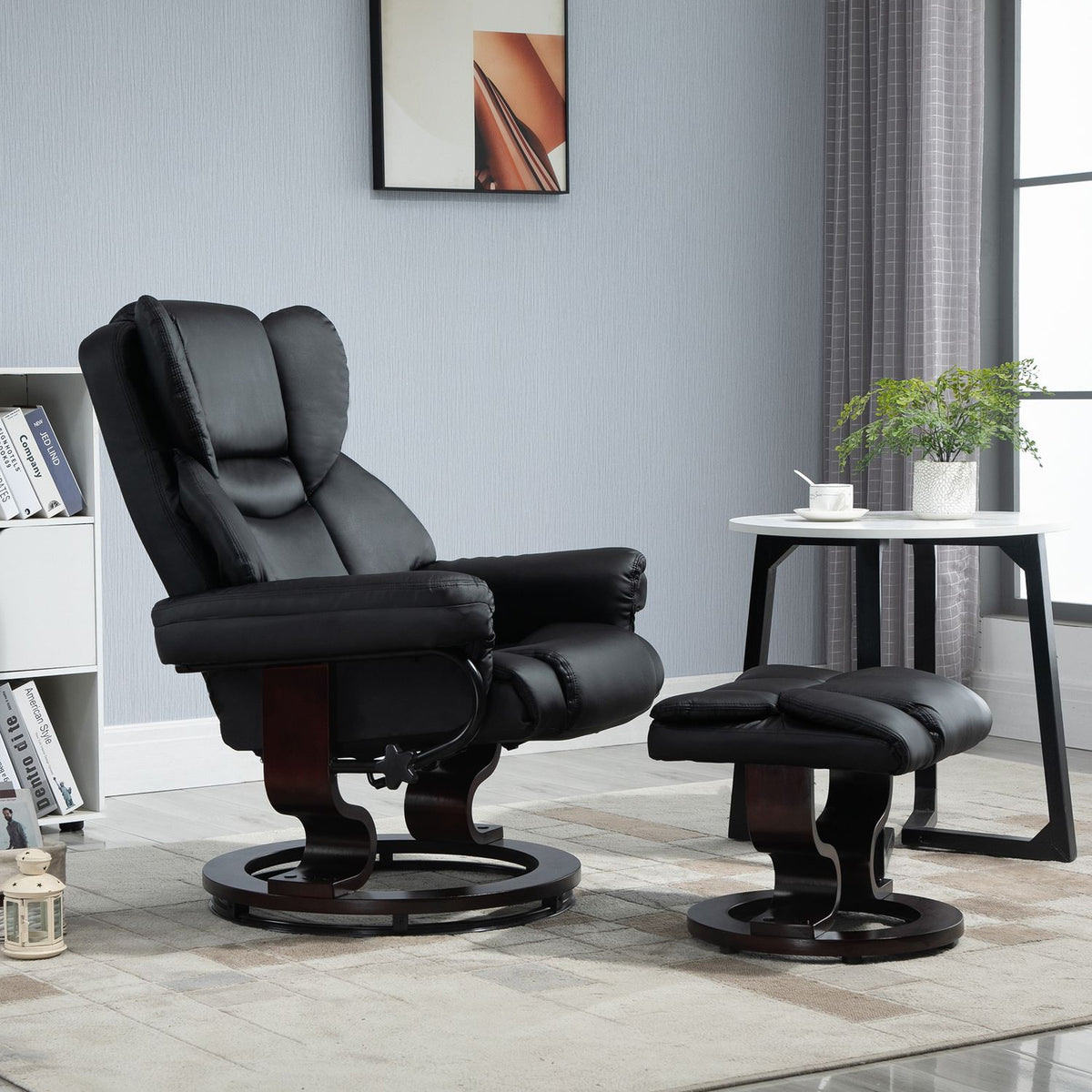 Relaxation Chair With Stool, Rotating Tv Chair With Reclining Function, Faux Leather, Black