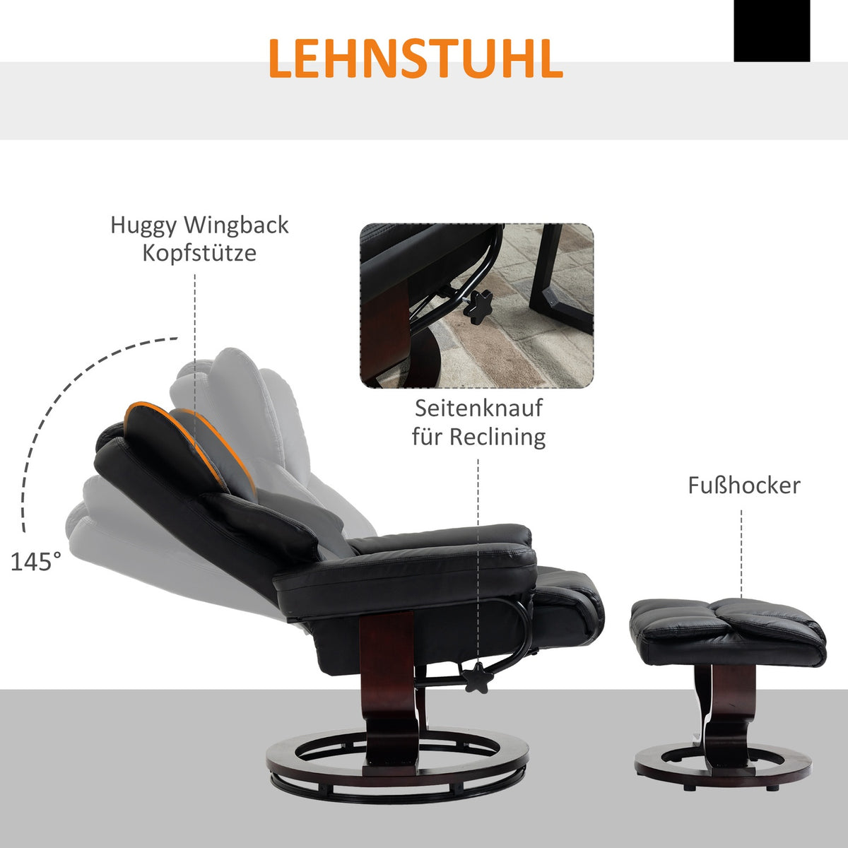Relaxation Chair With Stool, Rotating Tv Chair With Reclining Function, Faux Leather, Black
