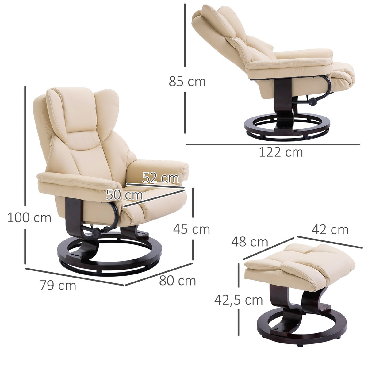 Relaxation Chair With Stool, Rotating Tv Chair With Reclining Function, Faux Leather, Cream