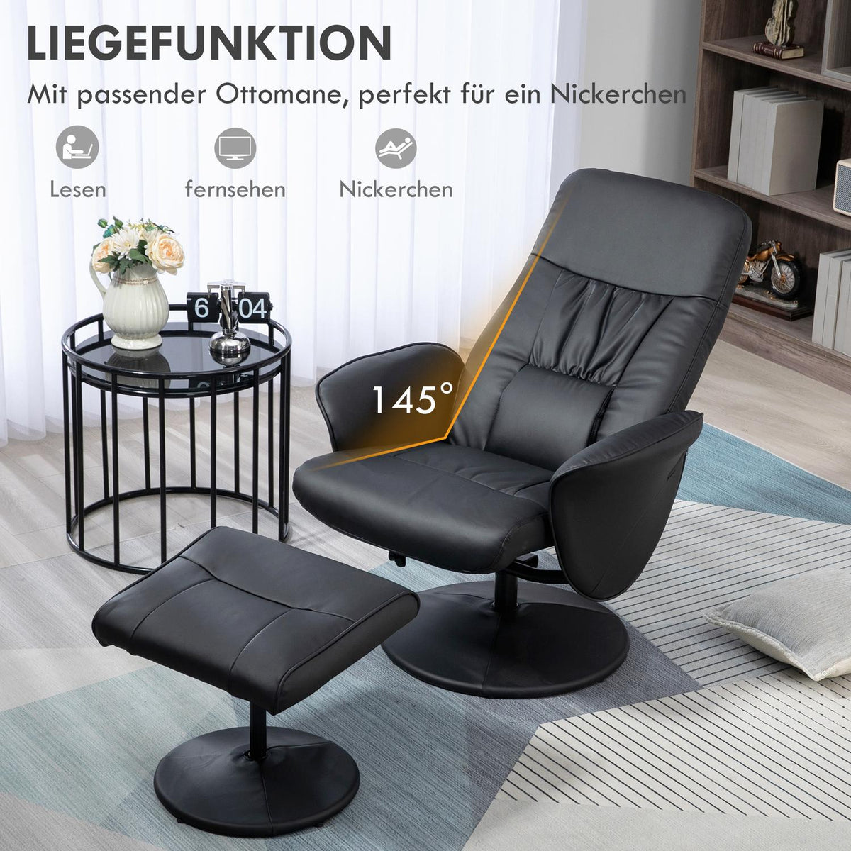 Relaxation Chair With Stool, Tv Chair, Tv Chair With Reclining Function, Swivel Upholstered Chair For Living Room, Bedroom, Faux Leather, Black