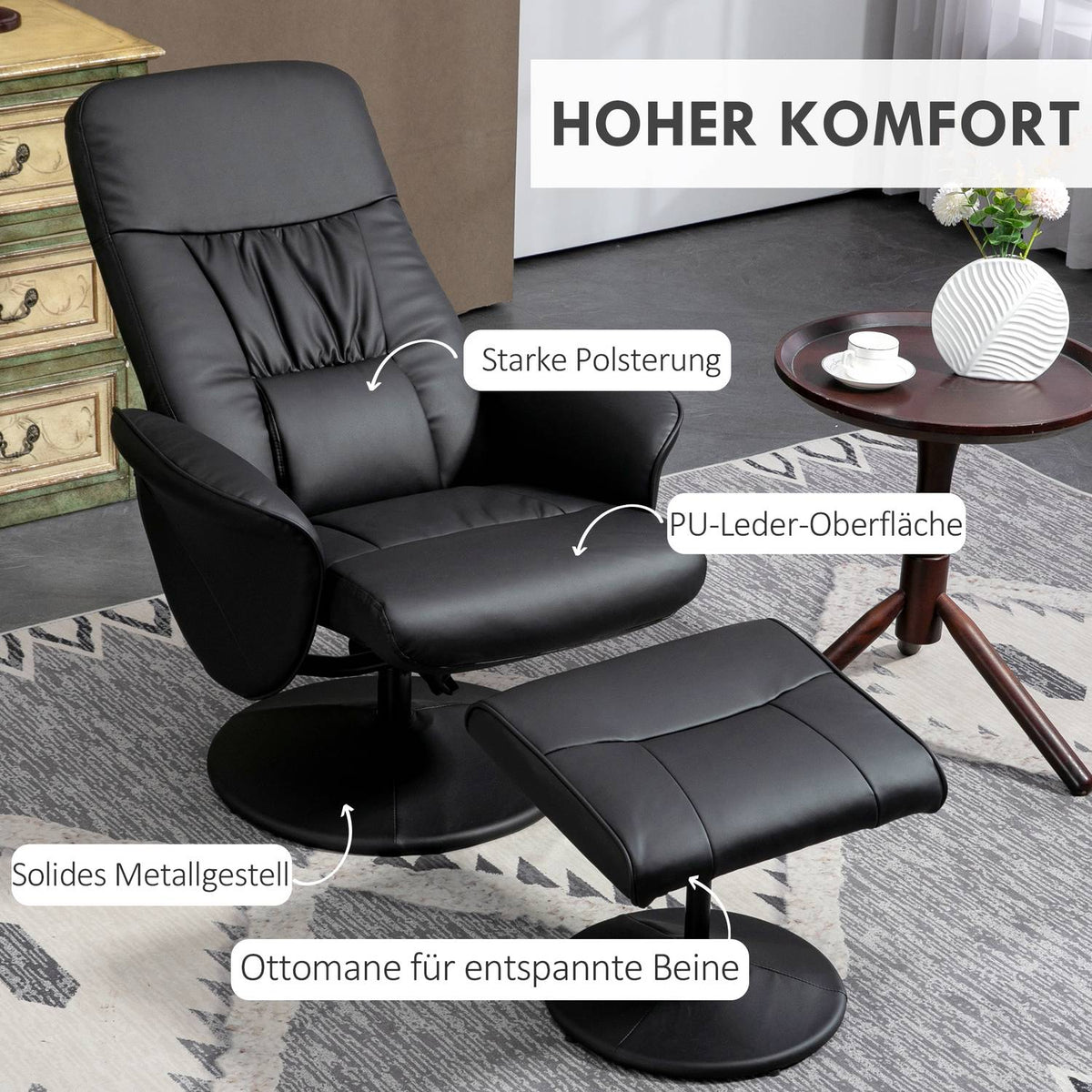Relaxation Chair With Stool, Tv Chair, Tv Chair With Reclining Function, Swivel Upholstered Chair For Living Room, Bedroom, Faux Leather, Black