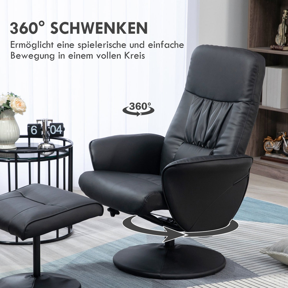 Relaxation Chair With Stool, Tv Chair, Tv Chair With Reclining Function, Swivel Upholstered Chair For Living Room, Bedroom, Faux Leather, Black