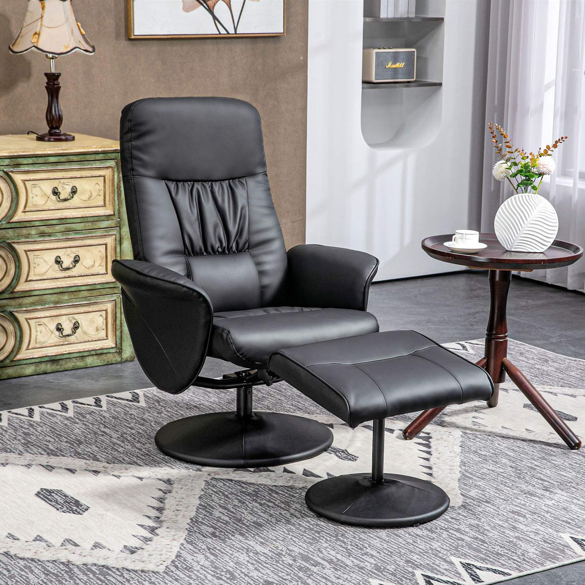Relaxation Chair With Stool, Tv Chair, Tv Chair With Reclining Function, Swivel Upholstered Chair For Living Room, Bedroom, Faux Leather, Black
