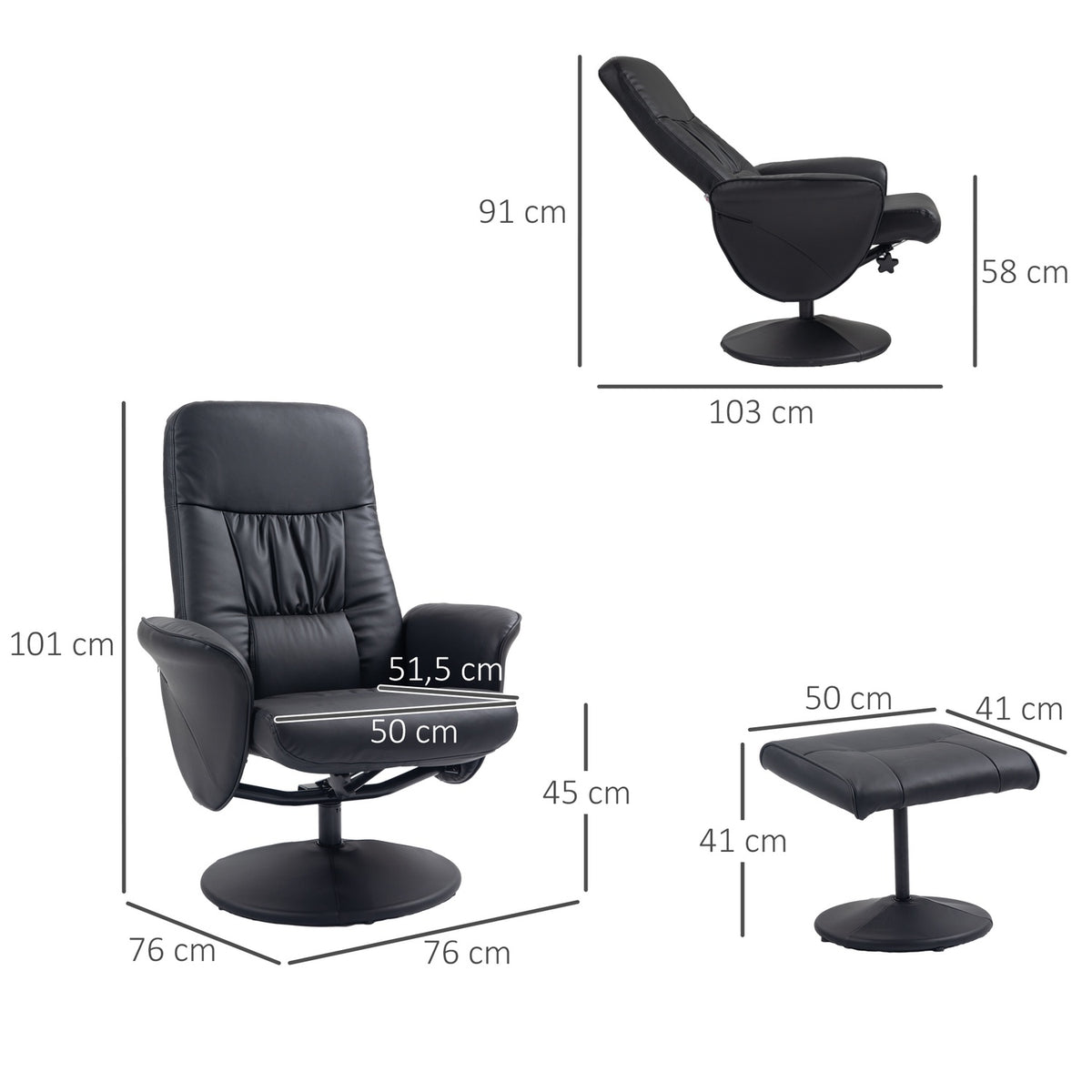 Relaxation Chair With Stool, Tv Chair, Tv Chair With Reclining Function, Swivel Upholstered Chair For Living Room, Bedroom, Faux Leather, Black
