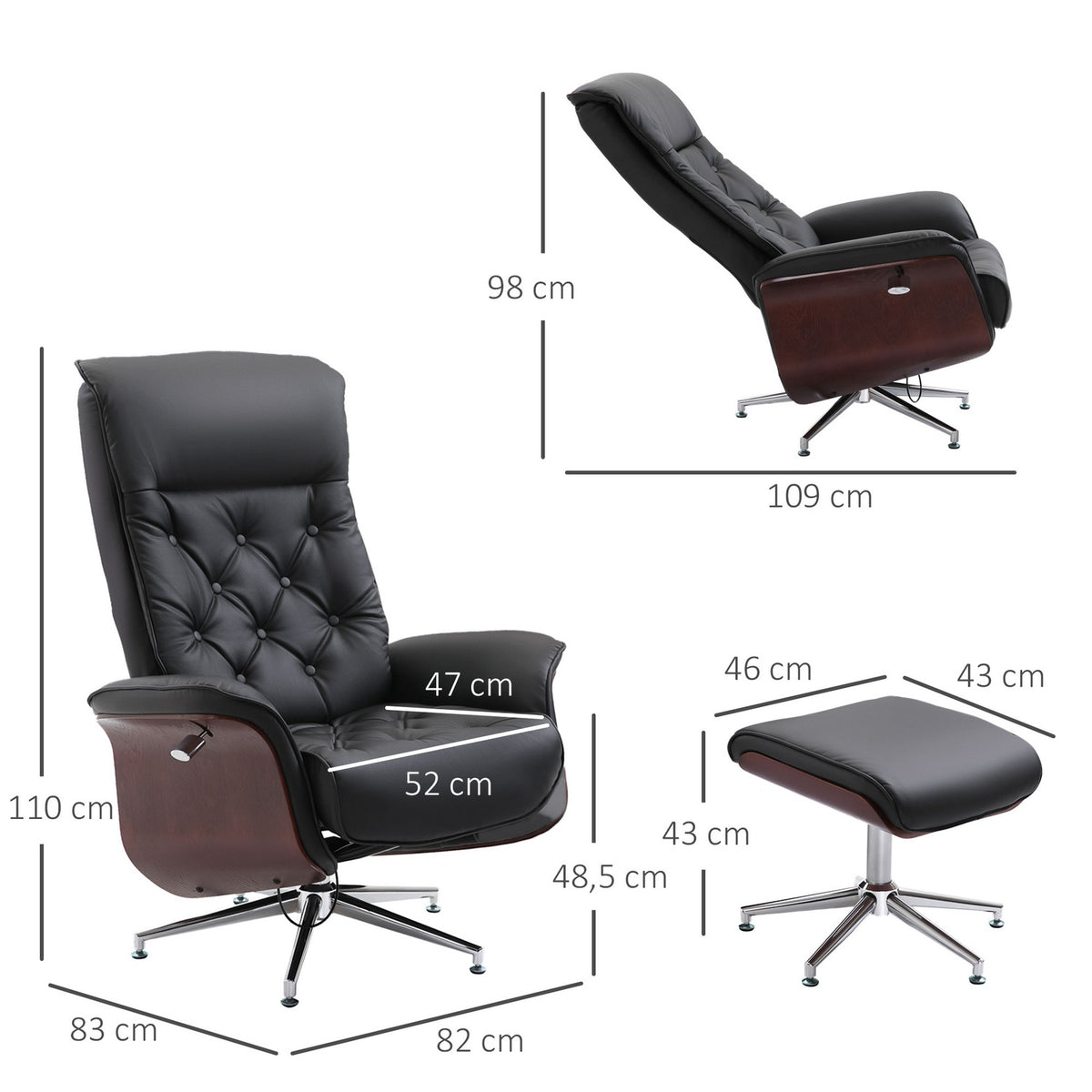 Relaxation Chair With Stool Tv Chair Upholstered Chair 360° Rotatable 145° Tiltable Chesterfield Pu Cover Wood Paneling Metal Base 82X83X110Cm