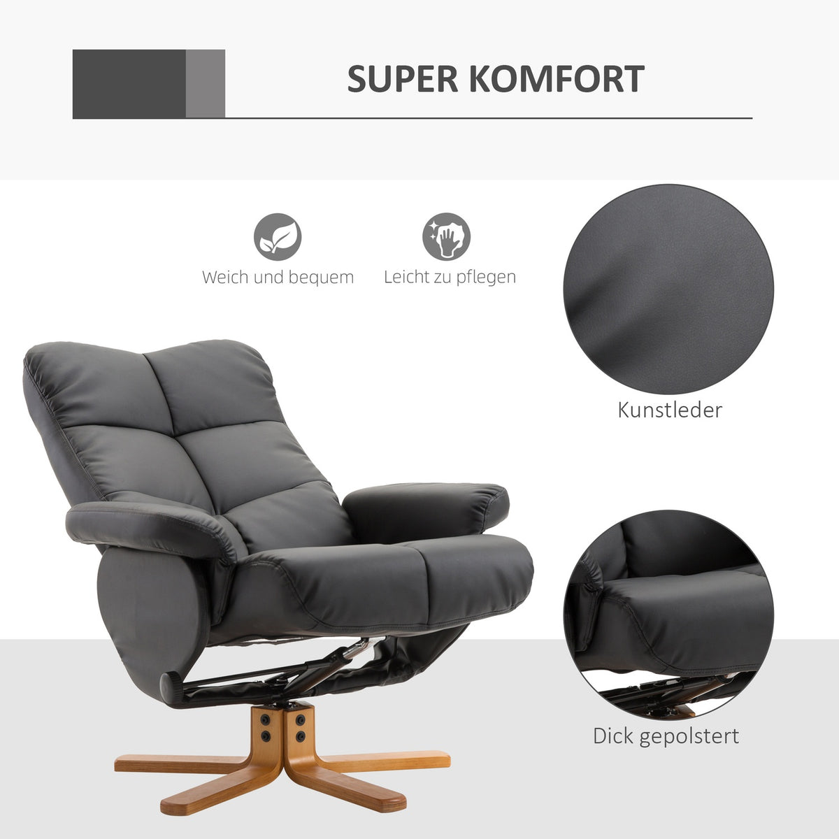 Relaxation Chair With Stool Tv Chair With Reclining Function, 360° Rotatable, Pu, Wooden Frame, Black, 80X86X99Cm