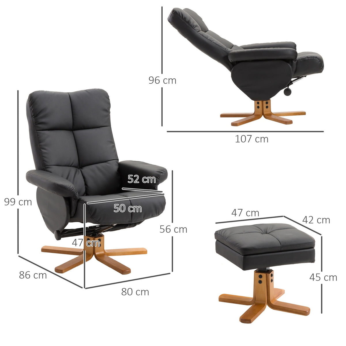 Relaxation Chair With Stool Tv Chair With Reclining Function, 360° Rotatable, Pu, Wooden Frame, Black, 80X86X99Cm