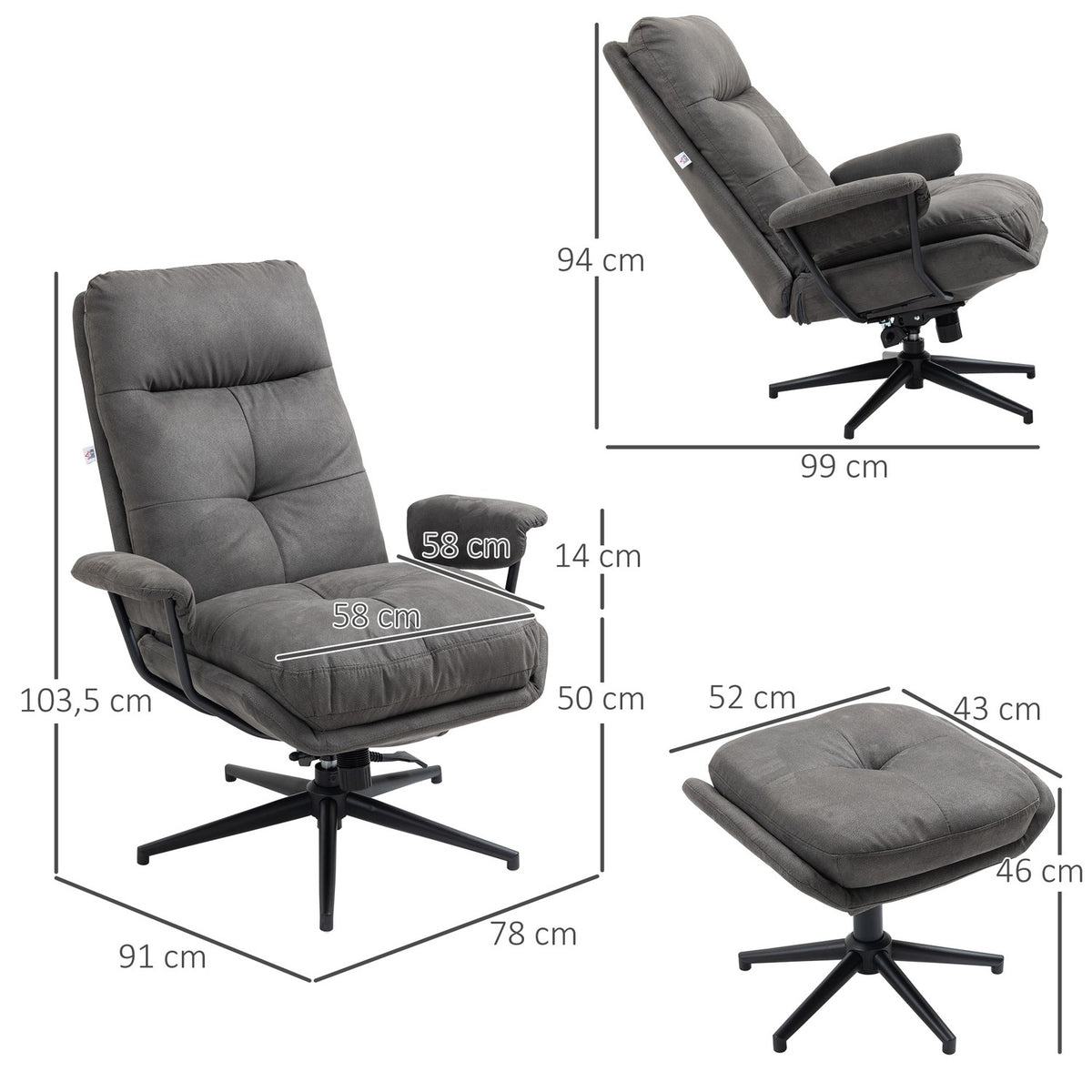 Relaxation Chair With Stool, Tv Chair With Swivel Base, Tv Chair With Reclining Function, Load Capacity Up To 150 Kg, Polyester, Steel, Dark Gray