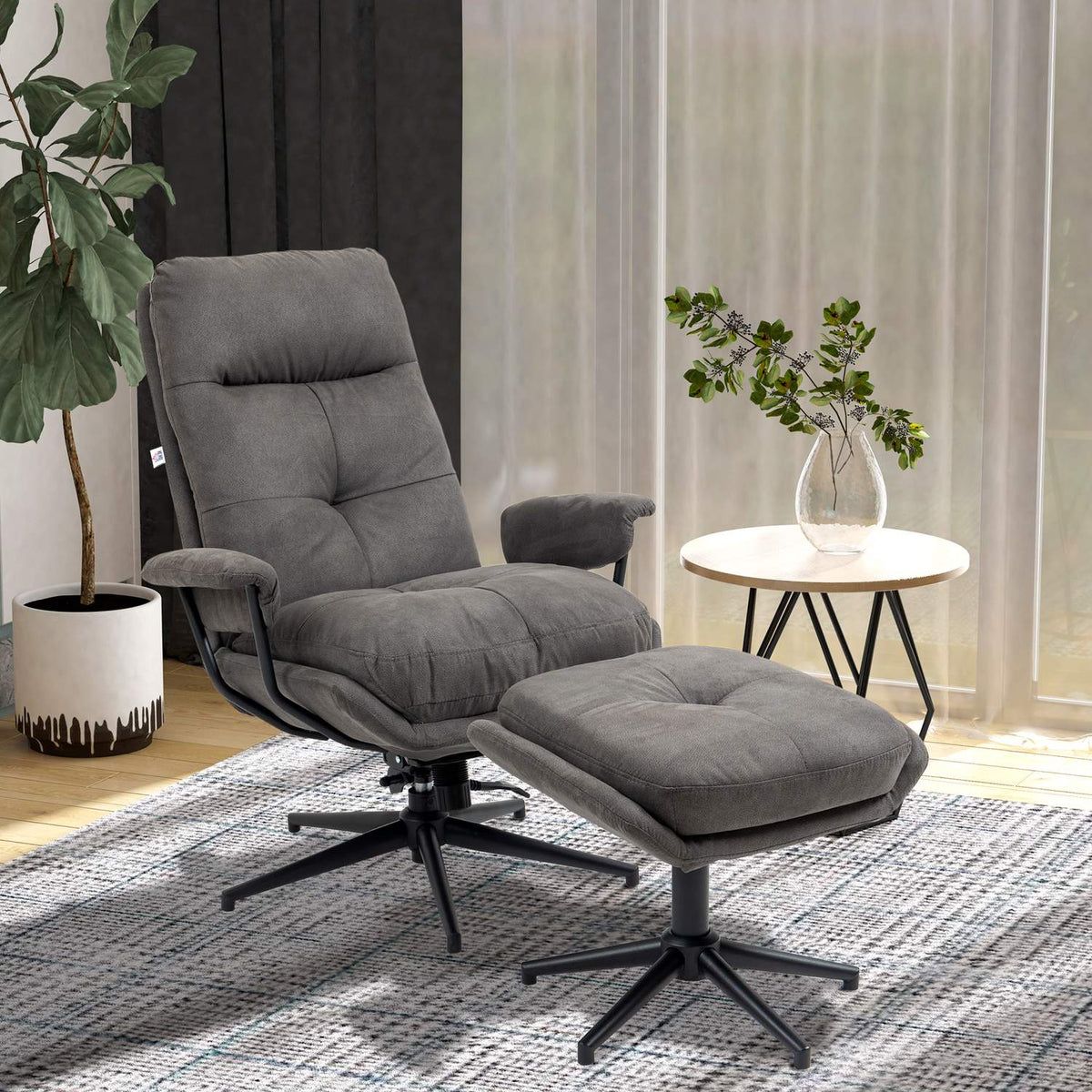 Relaxation Chair With Stool, Tv Chair With Swivel Base, Tv Chair With Reclining Function, Load Capacity Up To 150 Kg, Polyester, Steel, Dark Gray