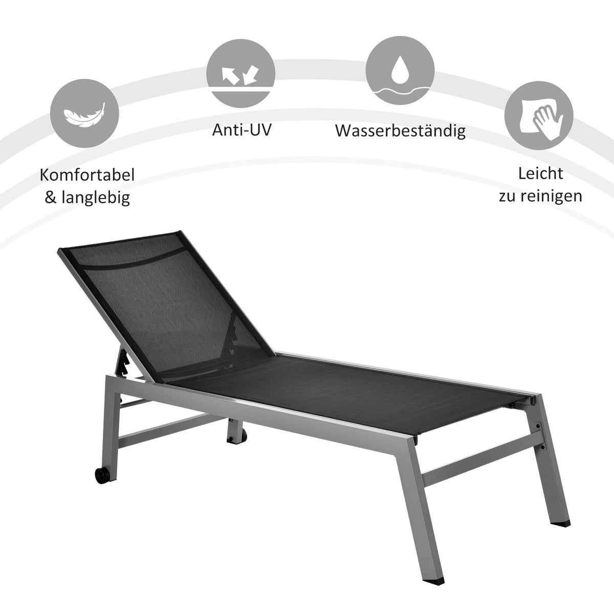 Relaxation Lounger Sun Lounger 5-Level Backrest Aluminum Black 169X65X102Cm