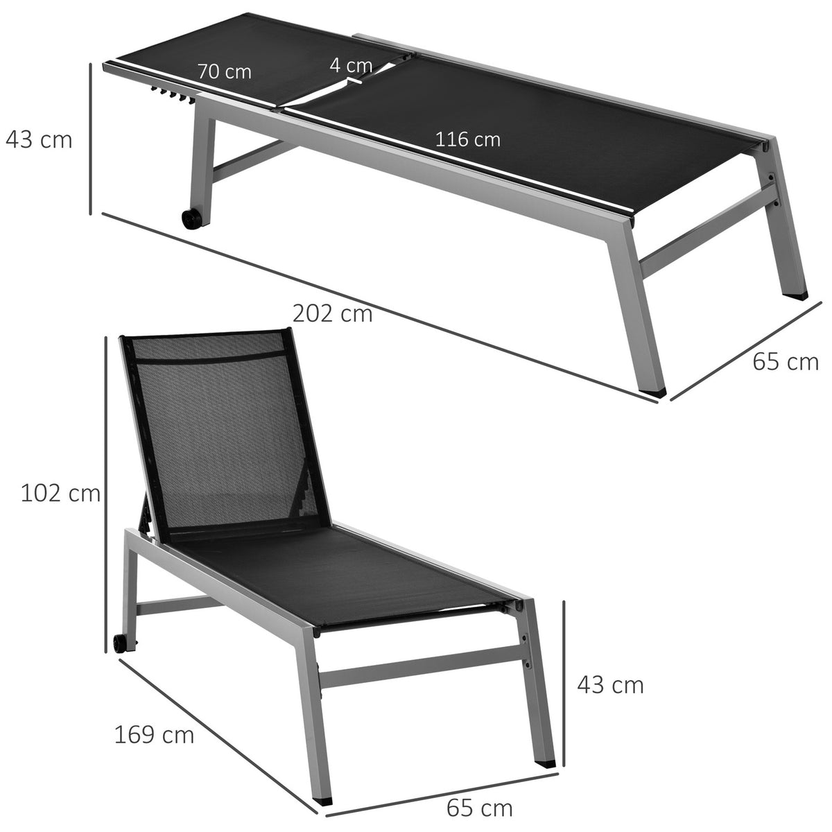 Relaxation Lounger Sun Lounger 5-Level Backrest Aluminum Black 169X65X102Cm