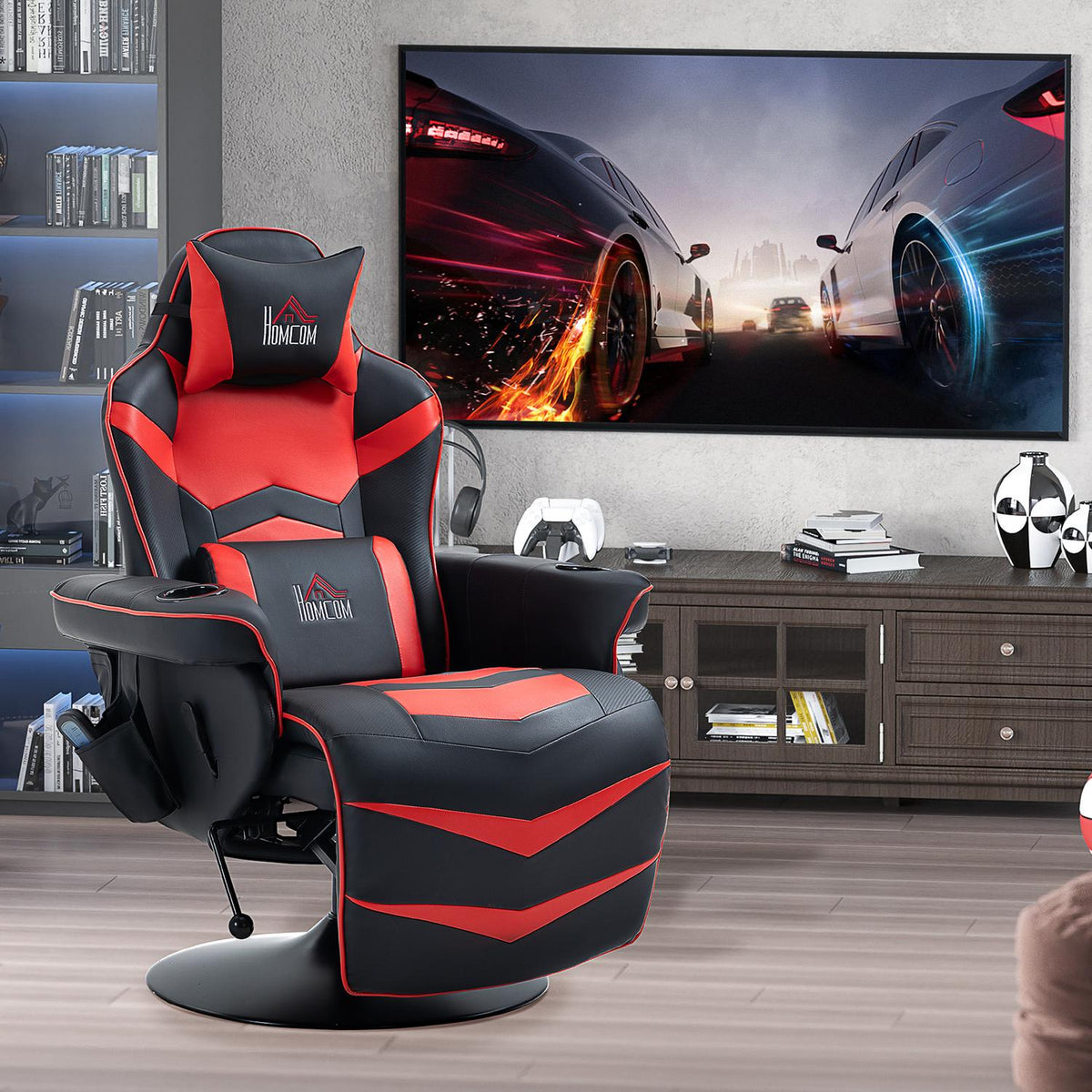 Relaxation Lounger With Massage Function, Ergonomic Lounge Chair With High Backrest And Cushions, Tv Chair With Cup Holder, Recliner, Faux Leather