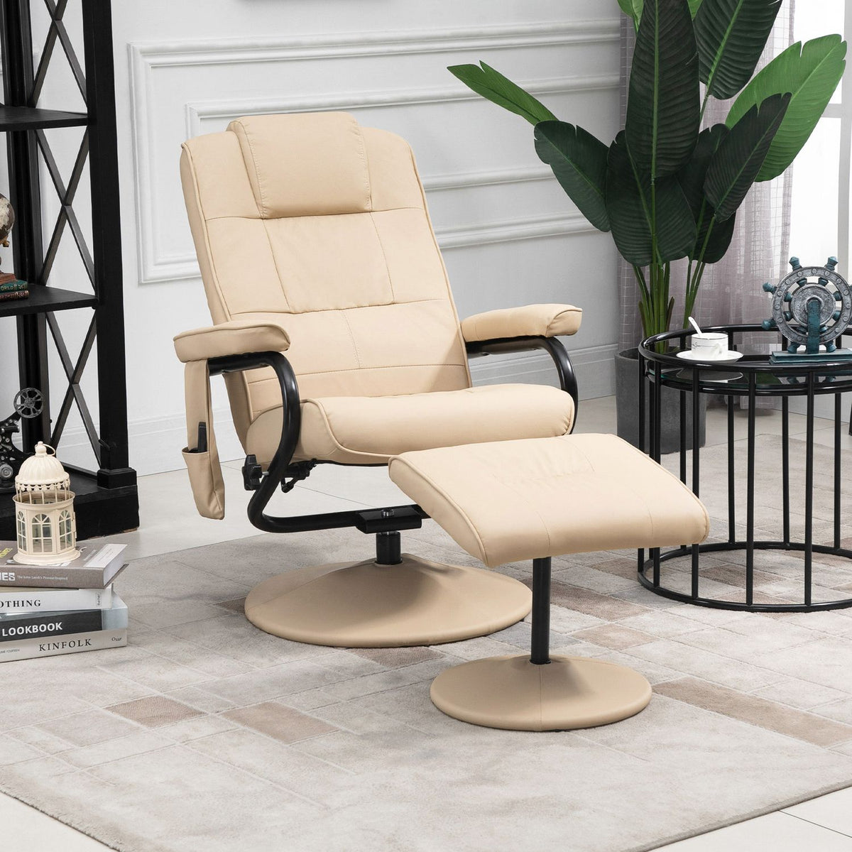 Relaxation Lounger With Reclining Function, Massage Chair, Tv Chair, Tv Armchair With Massage Function Incl. Stool, Faux Leather, Cream White, 77 X 84 X 95 Cm