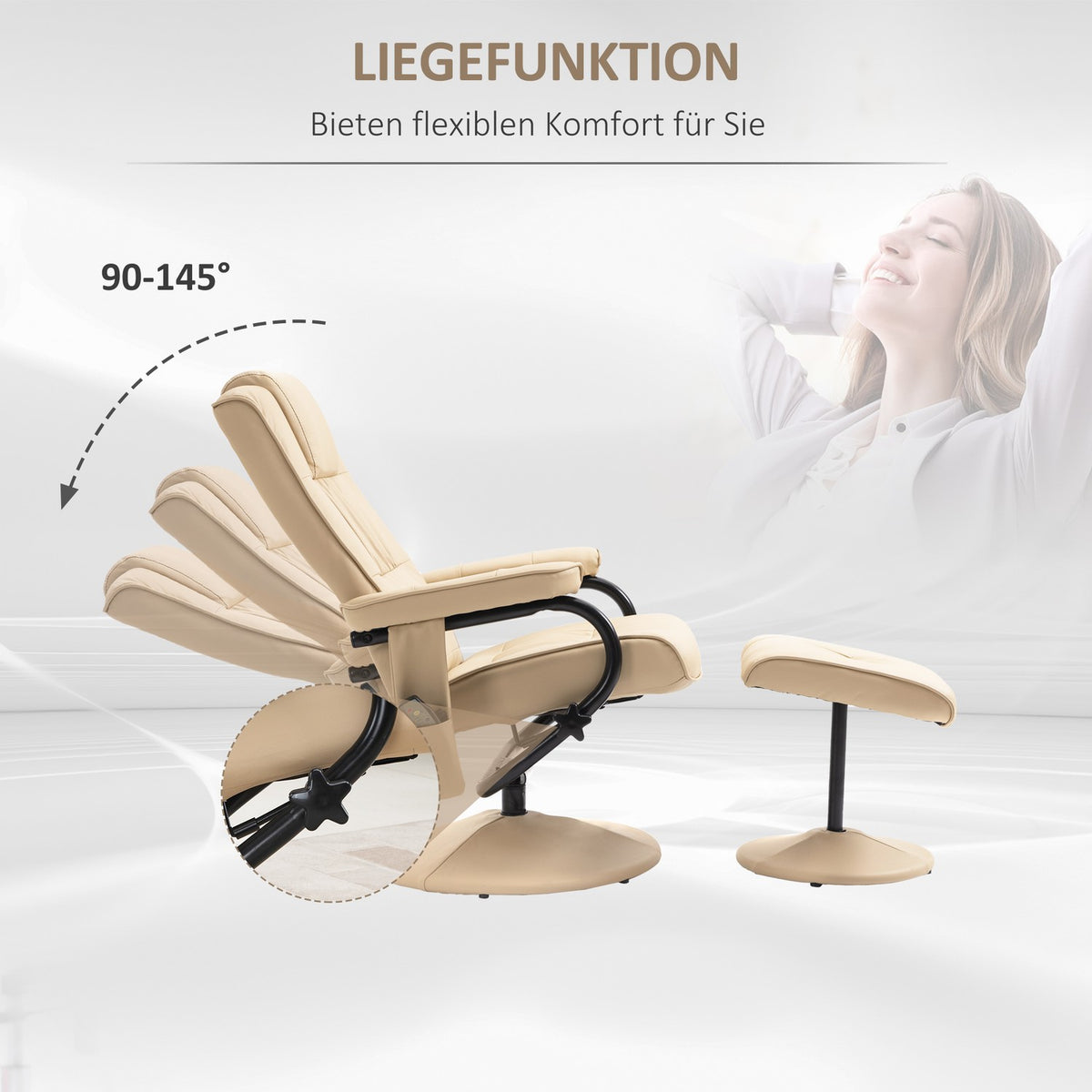 Relaxation Lounger With Reclining Function, Massage Chair, Tv Chair, Tv Armchair With Massage Function Incl. Stool, Faux Leather, Cream White, 77 X 84 X 95 Cm