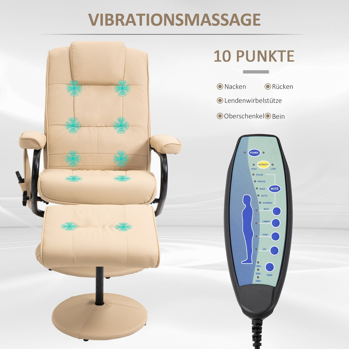 Relaxation Lounger With Reclining Function, Massage Chair, Tv Chair, Tv Armchair With Massage Function Incl. Stool, Faux Leather, Cream White, 77 X 84 X 95 Cm