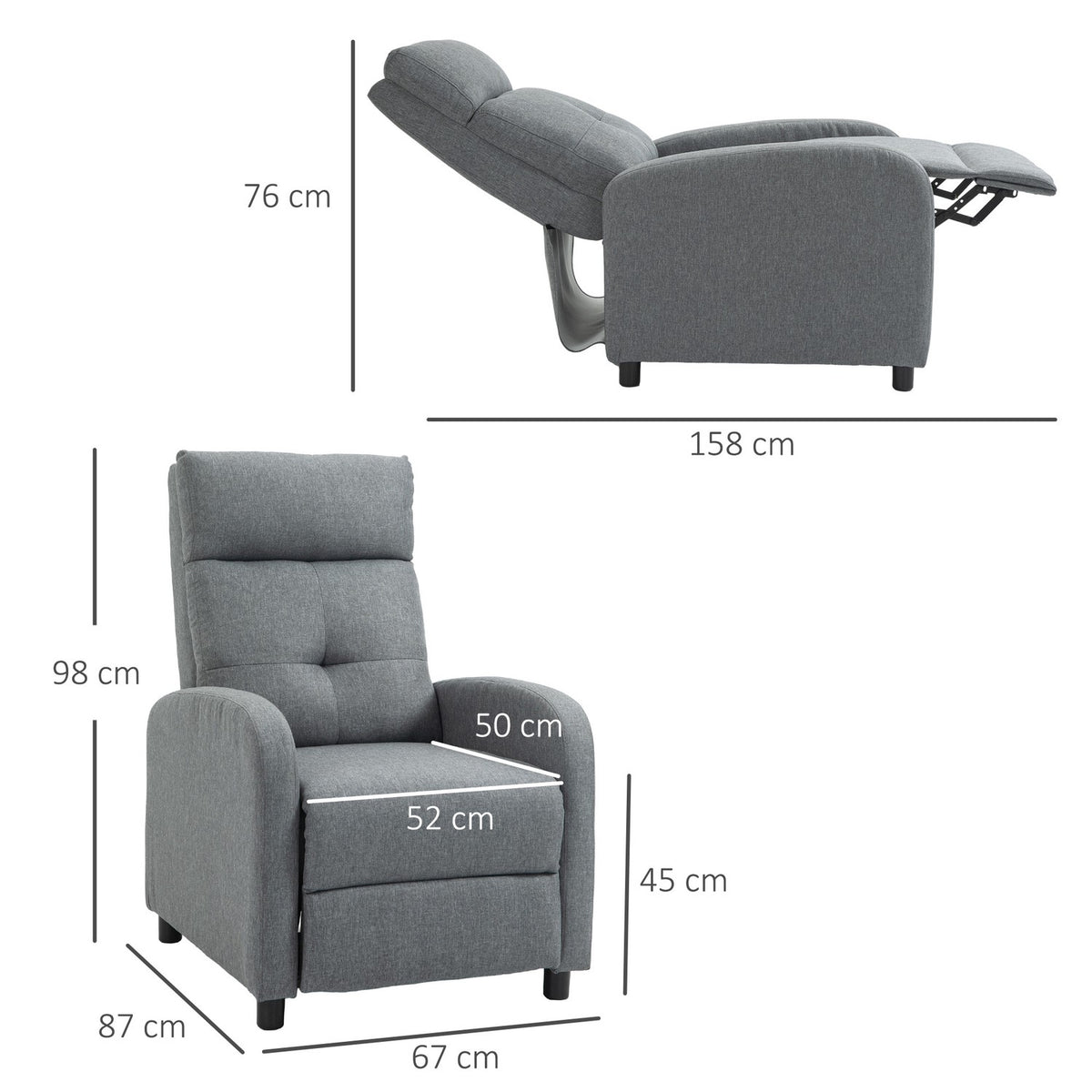 Relaxation armchair, TV armchair with reclining function, TV armchair with linen look, upholstered reclining armchair with pocket spring core, recliner chair with a load capacity of up to 150 kg for the living room, gray