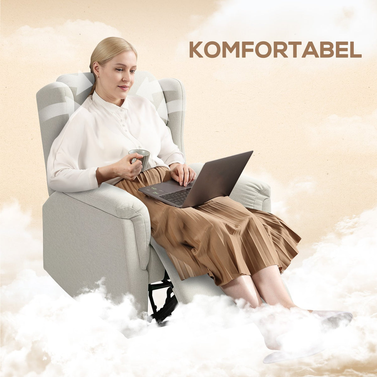 Relaxation armchair, TV armchair with reclining function, TV armchair with pocket spring core, padded recliner armchair, recliner chair with a load capacity of up to 150 kg for living room, bedroom, beige