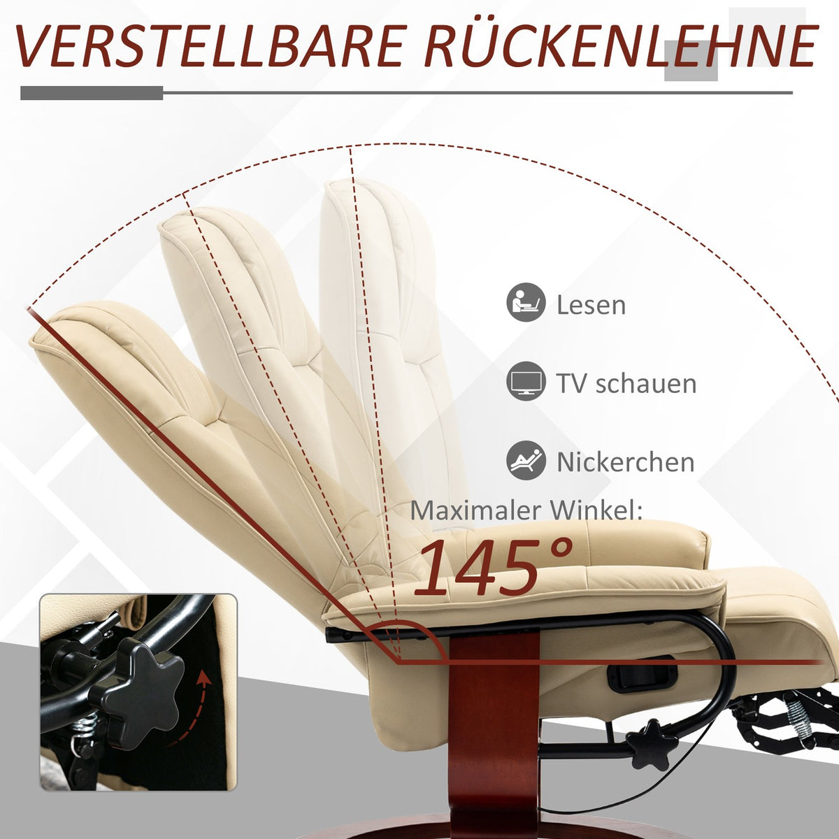 Relaxation armchair TV armchair with reclining function, footrest, 360° rotatable TV armchair with wooden legs, for living room, faux leather, cream white