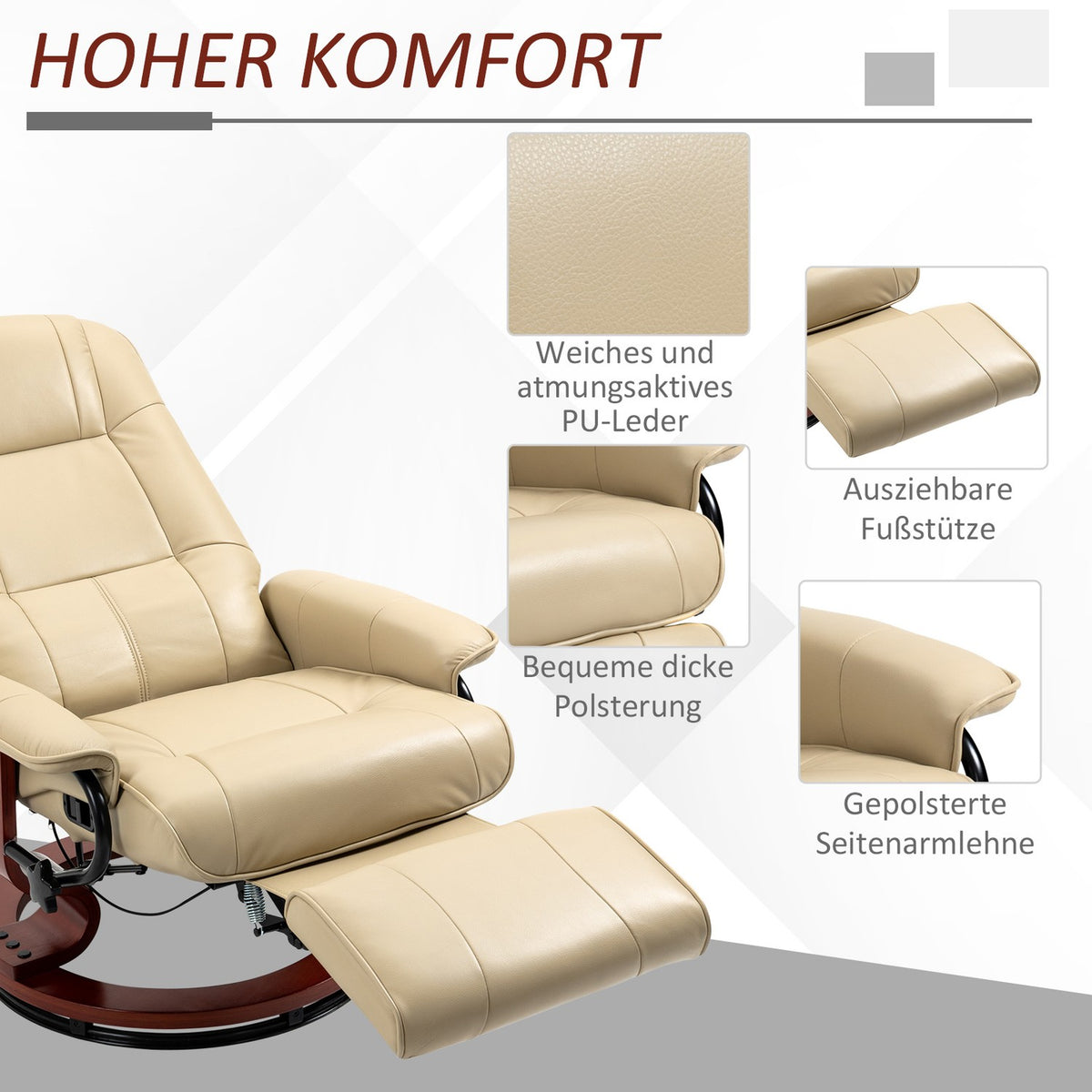 Relaxation armchair TV armchair with reclining function, footrest, 360° rotatable TV armchair with wooden legs, for living room, faux leather, cream white