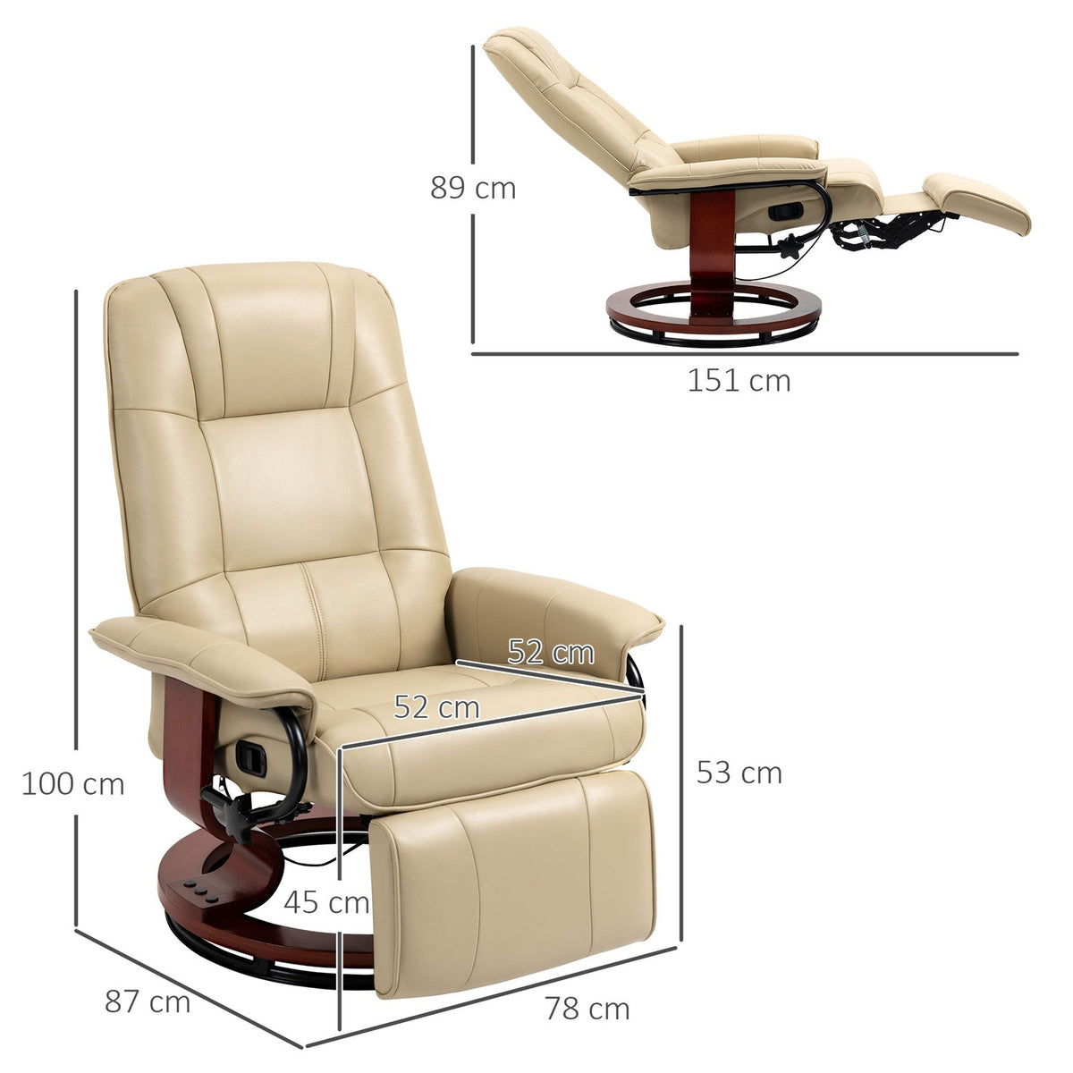 Relaxation armchair TV armchair with reclining function, footrest, 360° rotatable TV armchair with wooden legs, for living room, faux leather, cream white