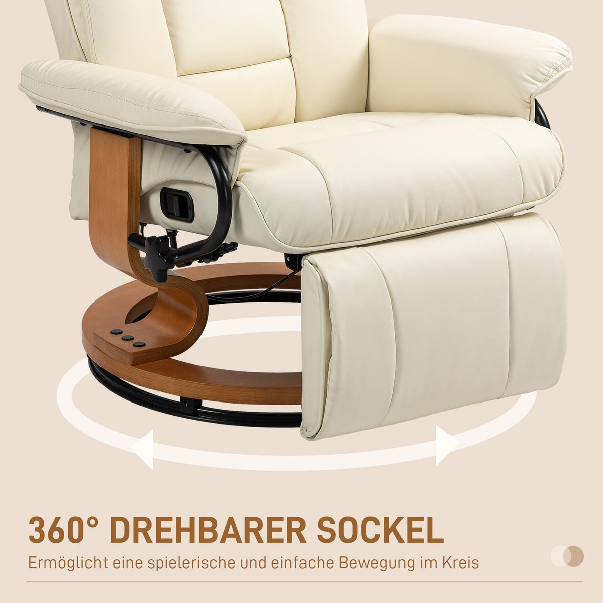 Relaxation armchair, swivel TV armchair with reclining function and footrest up to 150 kg, faux leather in cream white for living room