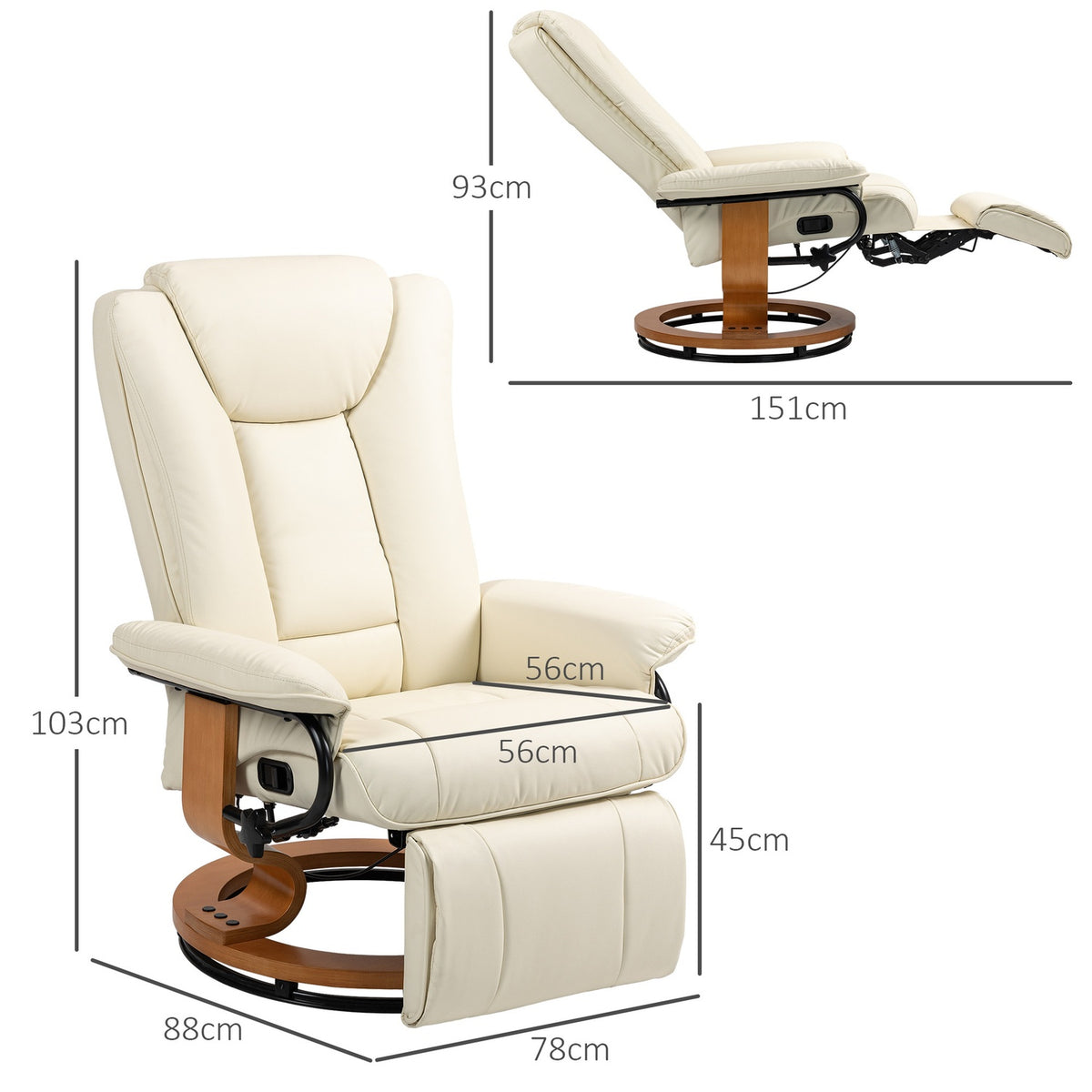 Relaxation armchair, swivel TV armchair with reclining function and footrest up to 150 kg, faux leather in cream white for living room