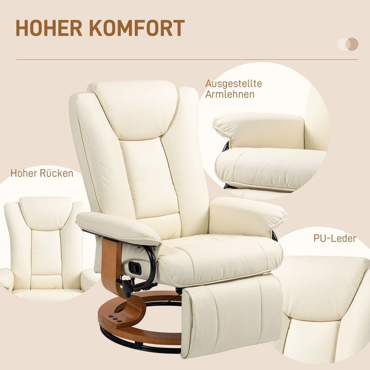 Relaxation armchair, swivel TV armchair with reclining function and footrest up to 150 kg, faux leather in cream white for living room