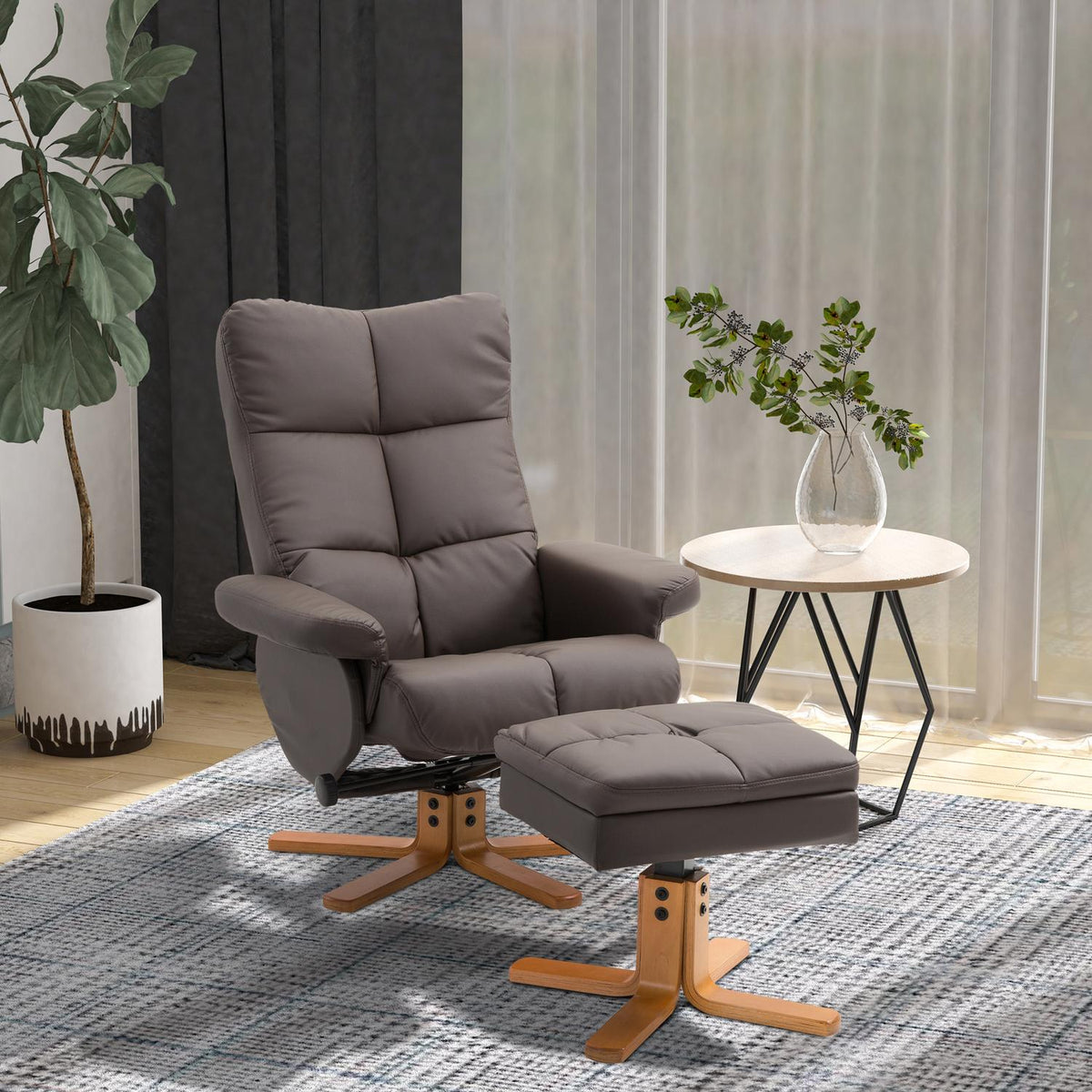 Relaxation armchair with stool and storage space TV armchair with reclining function 360° rotating armchair PU wooden frame brown 80 x 86 x 99cm