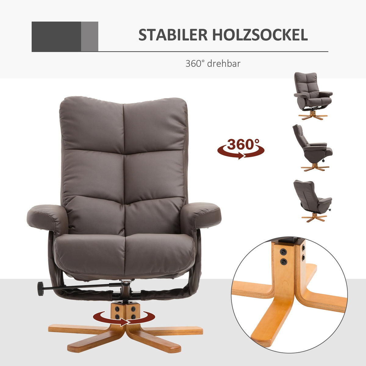 Relaxation armchair with stool and storage space TV armchair with reclining function 360° rotating armchair PU wooden frame brown 80 x 86 x 99cm
