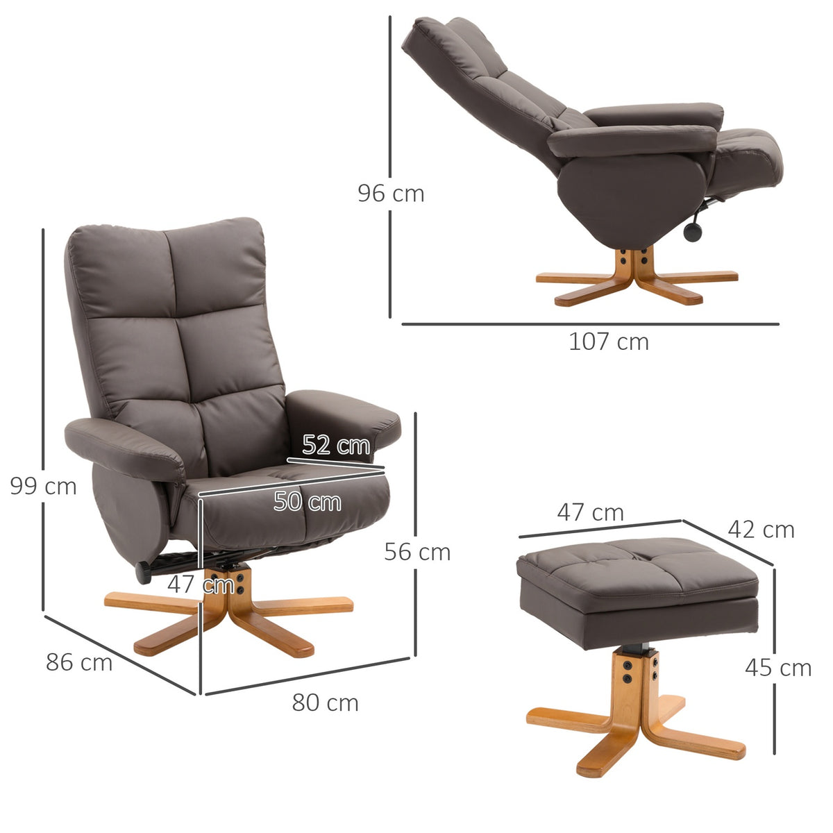 Relaxation armchair with stool and storage space TV armchair with reclining function 360° rotating armchair PU wooden frame brown 80 x 86 x 99cm