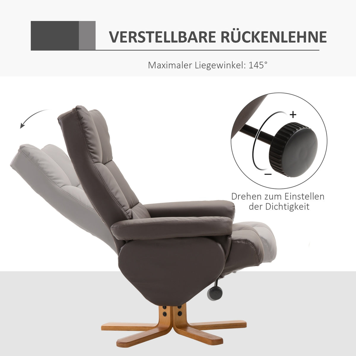 Relaxation armchair with stool and storage space TV armchair with reclining function 360° rotating armchair PU wooden frame brown 80 x 86 x 99cm