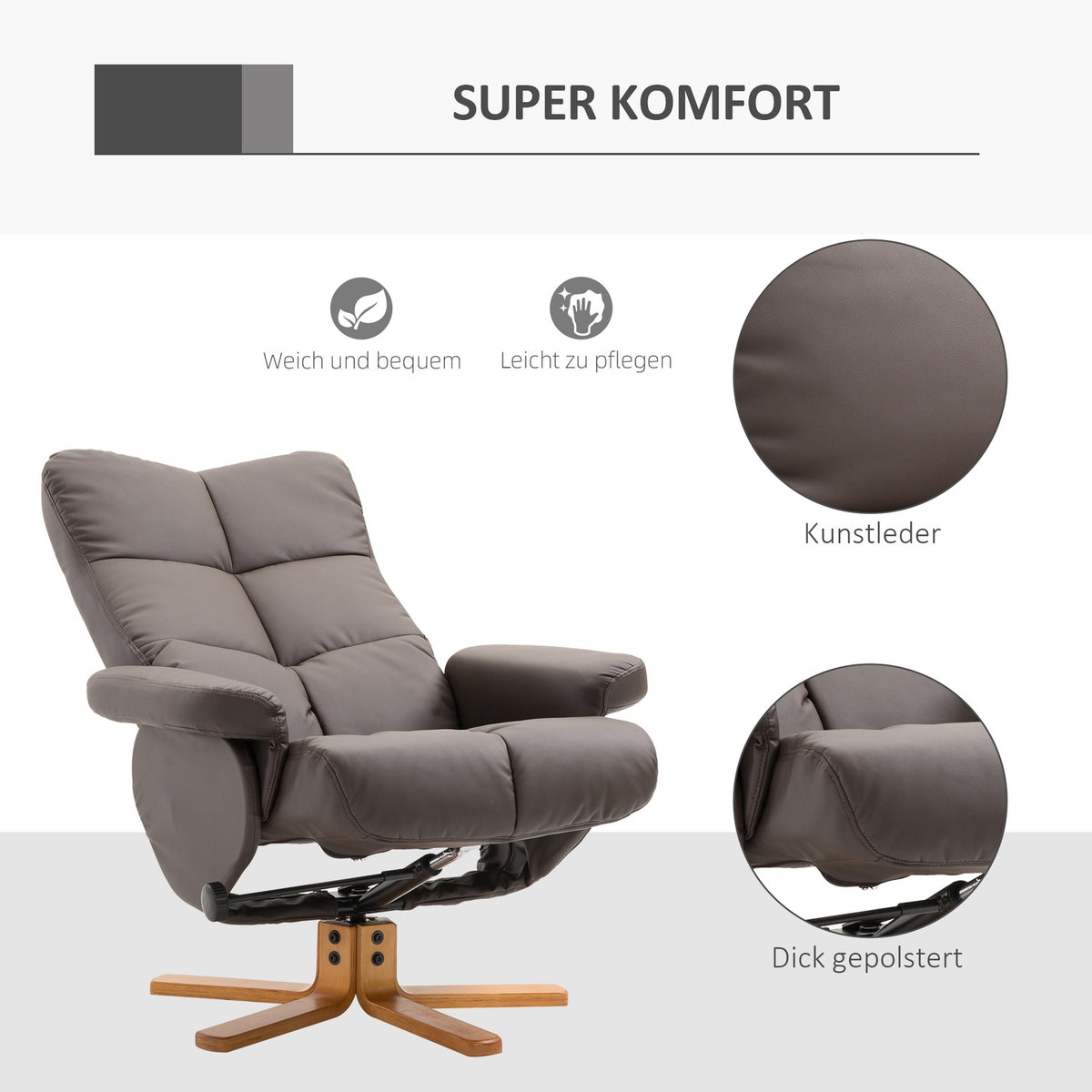 Relaxation armchair with stool and storage space TV armchair with reclining function 360° rotating armchair PU wooden frame brown 80 x 86 x 99cm