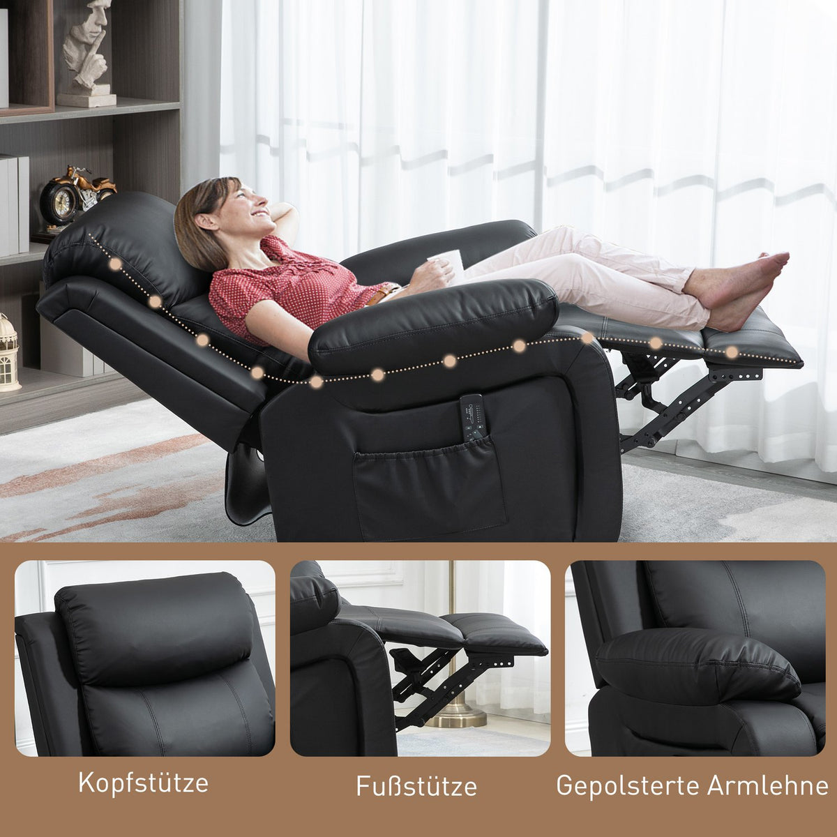Relaxation chair Massage chair with reclining and rocking function TV chair with 8 vibration heads, side pocket, remote control