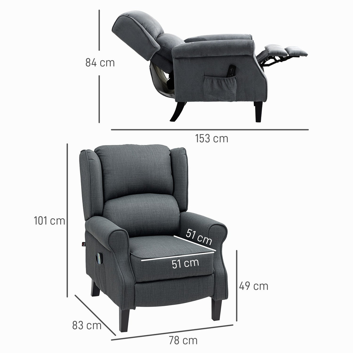 Relaxation chair TV chair with reclining function Electrically adjustable massage chair with heat function Foot part side pocket Remote control TV chair for living room Dark gray