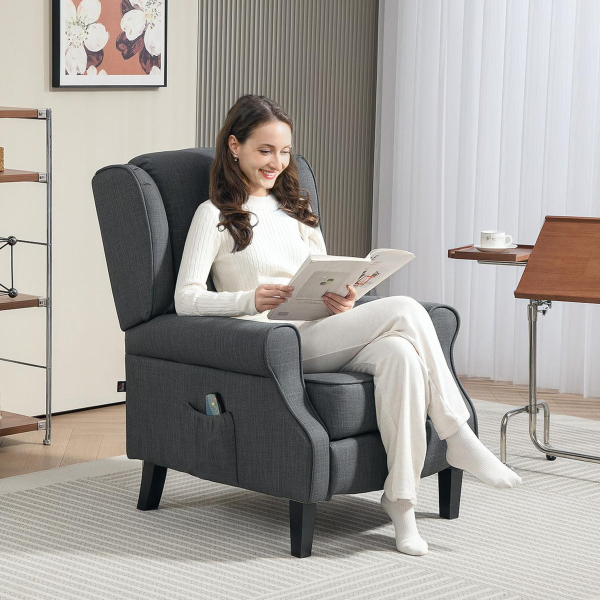 Relaxation chair TV chair with reclining function Electrically adjustable massage chair with heat function Foot part side pocket Remote control TV chair for living room Dark gray