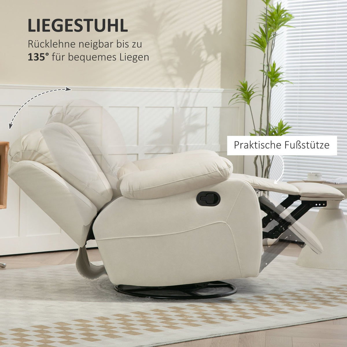 Relaxation chair TV chair with reclining function, footrest, pocket spring core system, swivel TV chair for living room, bedroom, cream
