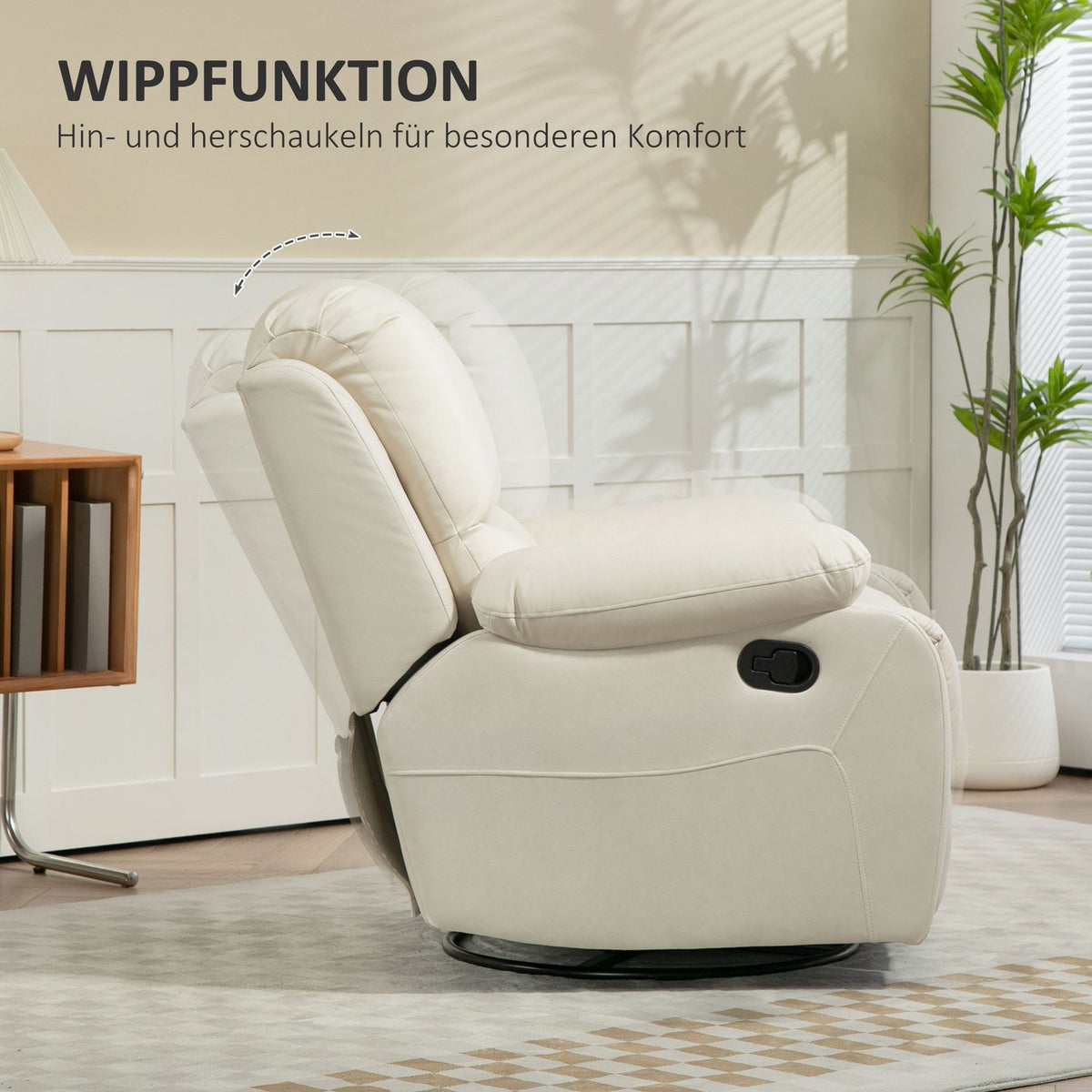 Relaxation chair TV chair with reclining function, footrest, pocket spring core system, swivel TV chair for living room, bedroom, cream