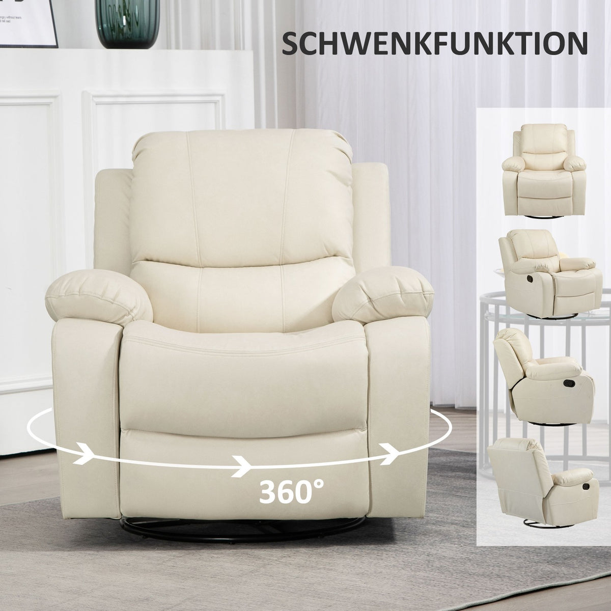 Relaxation chair TV chair with reclining function, footrest, pocket spring core system, swivel TV chair for living room, bedroom, cream