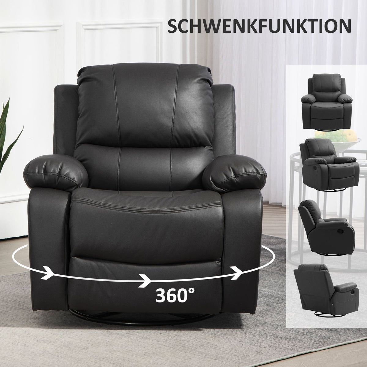 Relaxation chair, TV chair with reclining function, footrest, swivel TV chair with pocket spring core system, black